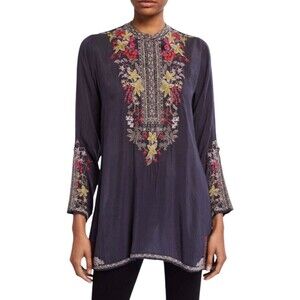 Johnny Was Women Tunic Top Lilianna Loose Fit Gray Embroidered Floral Boho Med